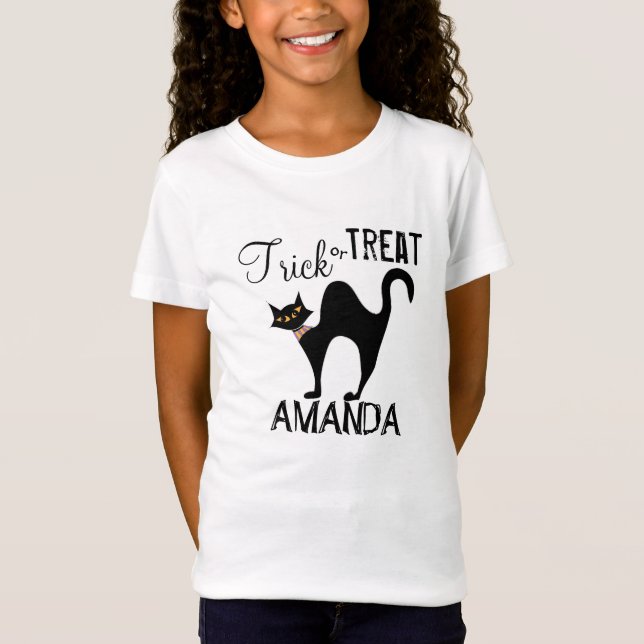 Halloween Trick Or Treat Whimsical Black Cat T-Shirt (Front)