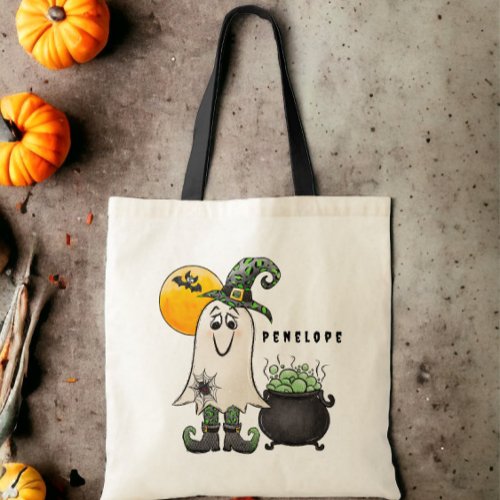 Halloween Trick or Treat Witch Ghost Cauldron Name Tote Bag