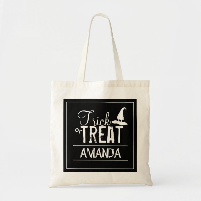 Halloween Trick Or Treat Witch Hat Typography Tote Bag (Front)