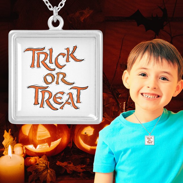 Halloween Trick or Treat Words Square Silver Plated Necklace (Halloween Trick or Treat Words Square Silver Plated Necklace)