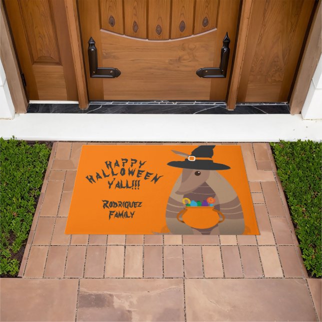 Halloween Trick-or-Treating Armadillo Witch Texas Doormat (Outdoor)