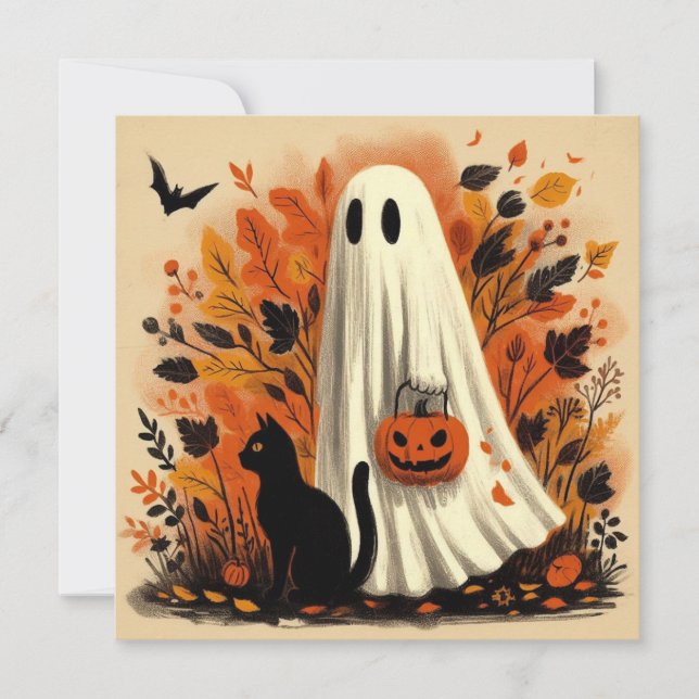 Halloween Trick or Treating Ghost and Black Cat  Card (Front)