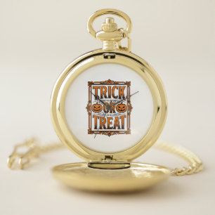 Halloween Trick Treat Pumpkin Skulls Vintage Engra Pocket Watch