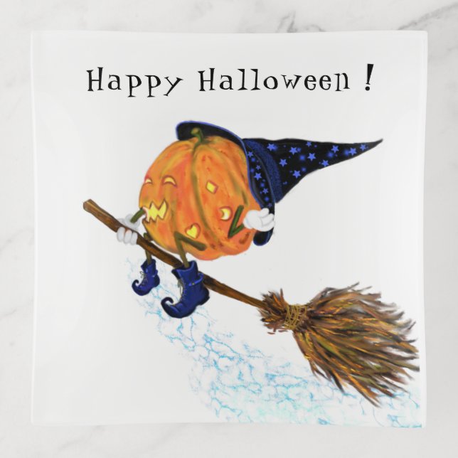 Halloween Trinket Tray Witch Pumpkin Flying Broom (Front)