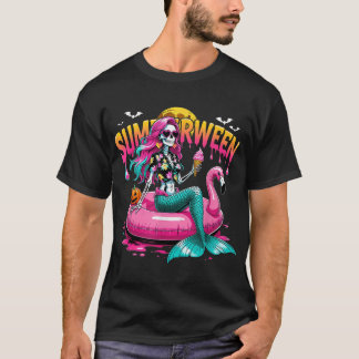 Halloween Tropical Summerween Mermaid Skeleton T-Shirt