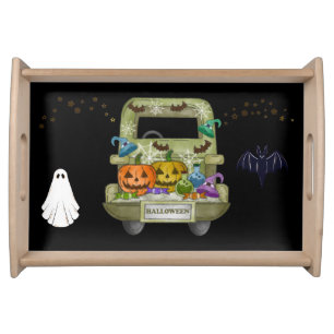 Halloween Truck, Ghost, Bat And Pumpkins Serving Tray