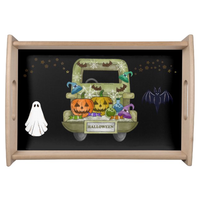 Halloween Truck, Ghost, Bat And Pumpkins Serving Tray (Front)