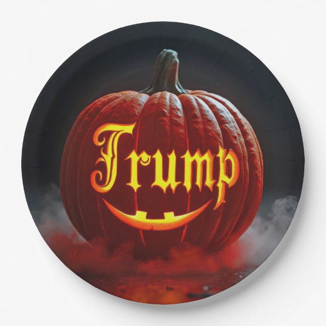 Halloween Trump Jack-o-lantern In Mist Paper Plates (Front)