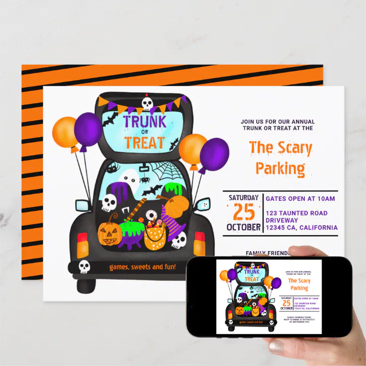 Halloween trunk or trick car illustration party invitation | Zazzle