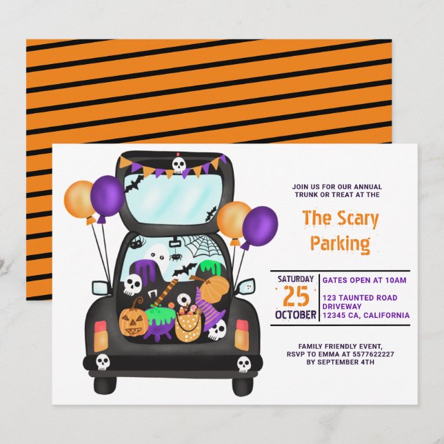 Halloween trunk or trick car illustration party  invitation (Front/Back)