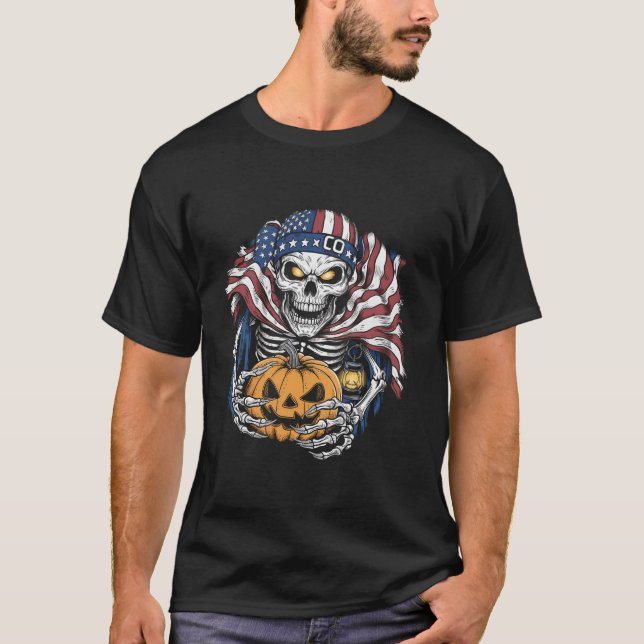 Halloween Tshirt Skull American Flag Scary Horror  (Front)