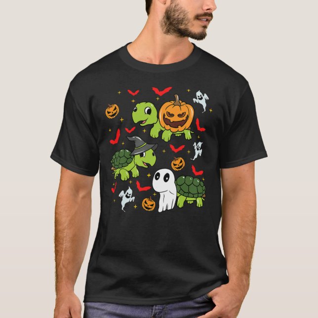 Halloween Turtle Pumpkin Tortoise Bats and Ghosts T-Shirt (Front)