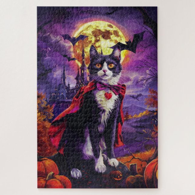 Halloween Tuxedo Cat Vampire Pumpkins Scary  Jigsaw Puzzle (Vertical)