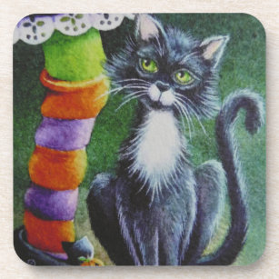 Halloween Tuxedo Cat & Witch Watercolor Art Beverage Coaster