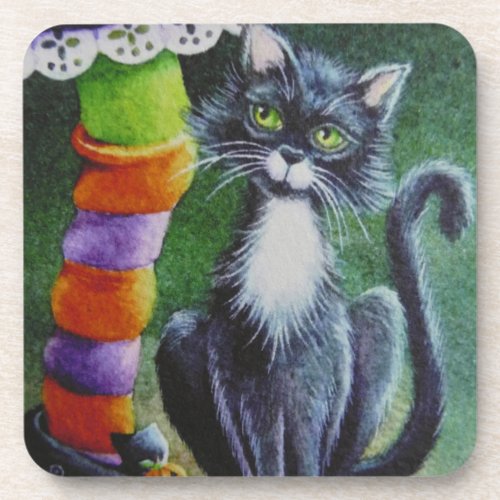 Halloween Tuxedo Cat  Witch Watercolor Art Beverage Coaster