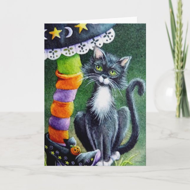 Halloween Tuxedo Cat & Witch Watercolor Art Card (Front)