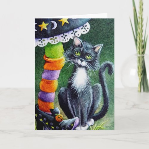 Halloween Tuxedo Cat  Witch Watercolor Art Card
