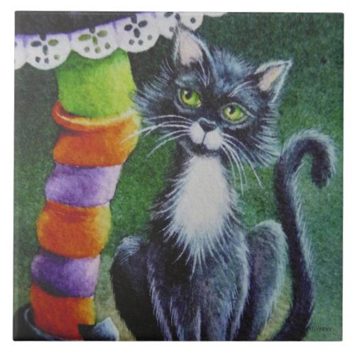 Halloween Tuxedo Cat  Witch Watercolor Art Ceramic Tile