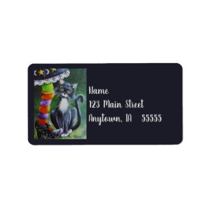 Halloween Tuxedo Cat & Witch Watercolor Art Label