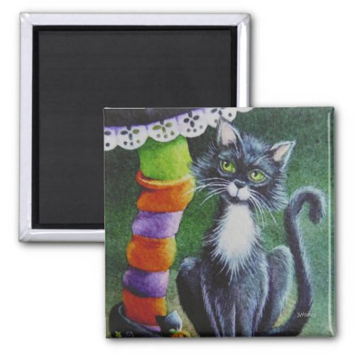 Halloween Tuxedo Cat  Witch Watercolor Art Magnet