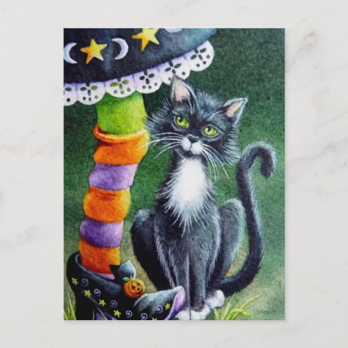 Halloween Tuxedo Cat  Witch Watercolor Art Postcard