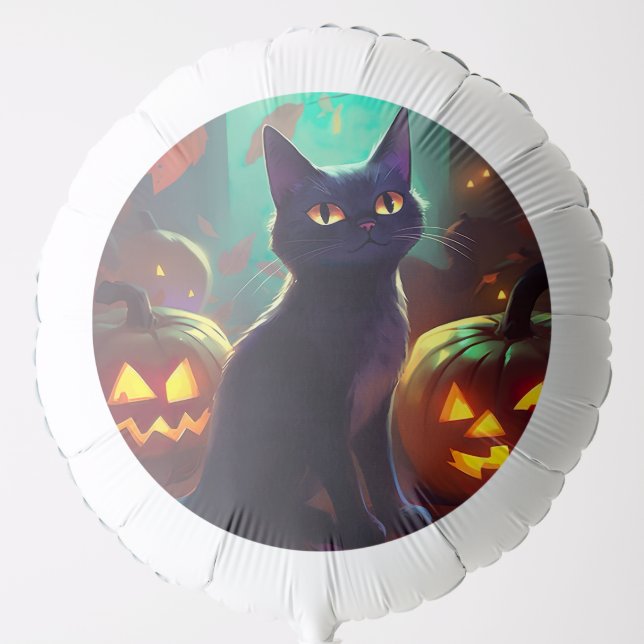 Halloween Tuxedo Cat With Pumpkins Scary Balloon (Front)