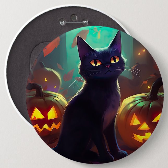 Halloween Tuxedo Cat With Pumpkins Scary Button (Front & Back)