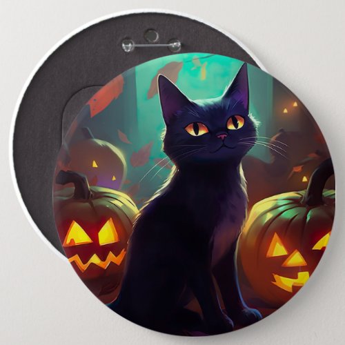 Halloween Tuxedo Cat With Pumpkins Scary Button
