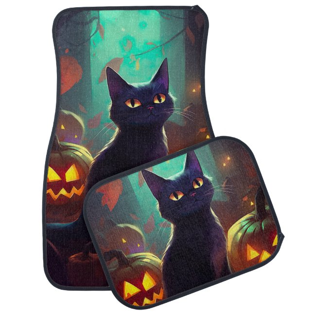 Halloween Tuxedo Cat With Pumpkins Scary Car Floor Mat (Set)