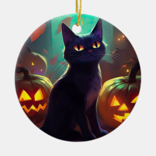 Halloween Tuxedo Cat With Pumpkins Scary Ceramic Ornament