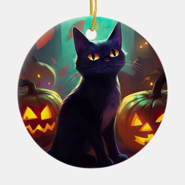 Halloween Tuxedo Cat With Pumpkins Scary Ceramic Ornament (Front)