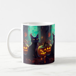 Halloween Tuxedo Cat With Pumpkins Scary Coffee Mug