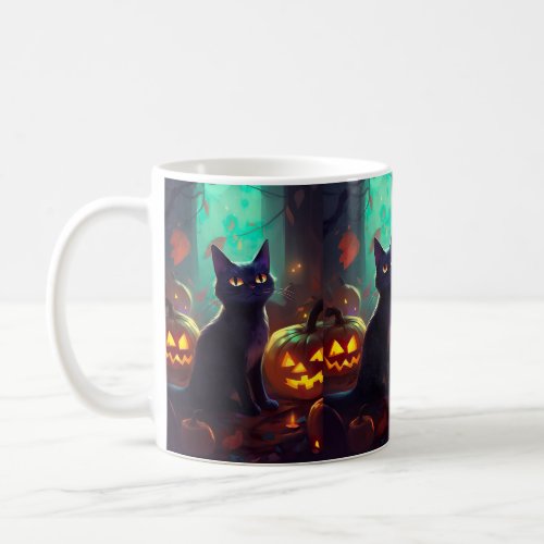 Halloween Tuxedo Cat With Pumpkins Scary Coffee Mug