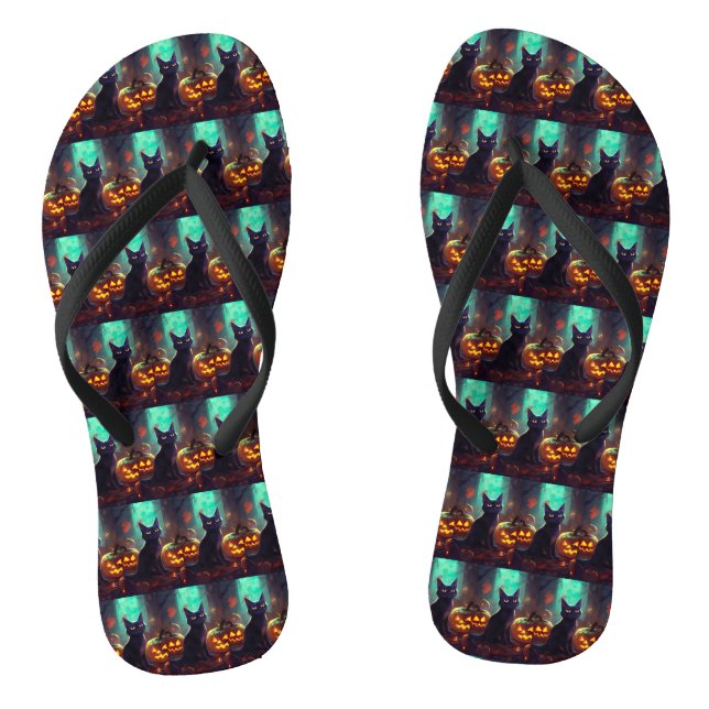 Halloween Tuxedo Cat With Pumpkins Scary Flip Flops (Footbed)