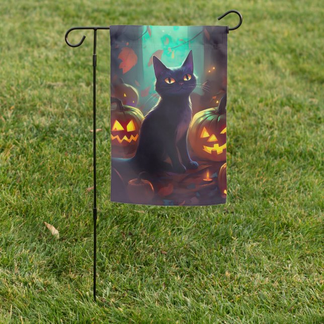 Halloween Tuxedo Cat With Pumpkins Scary Garden Flag (In SItu)