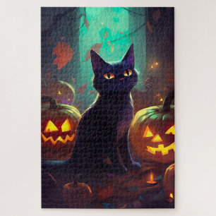 Halloween Tuxedo Cat With Pumpkins Scary Jigsaw Puzzle
