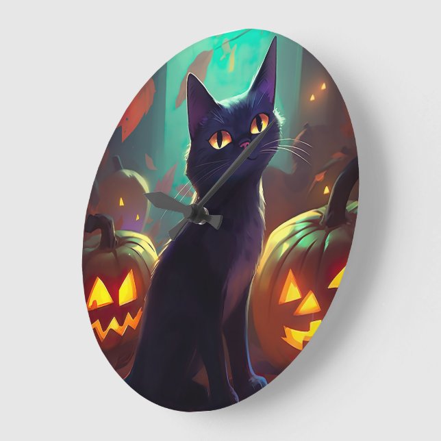 Halloween Tuxedo Cat With Pumpkins Scary Large Clock (Angle)