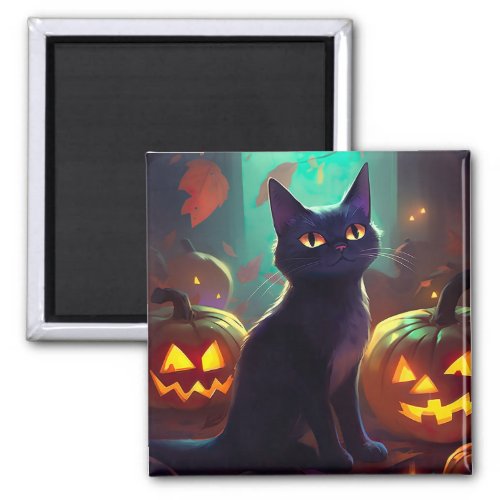 Halloween Tuxedo Cat With Pumpkins Scary Magnet