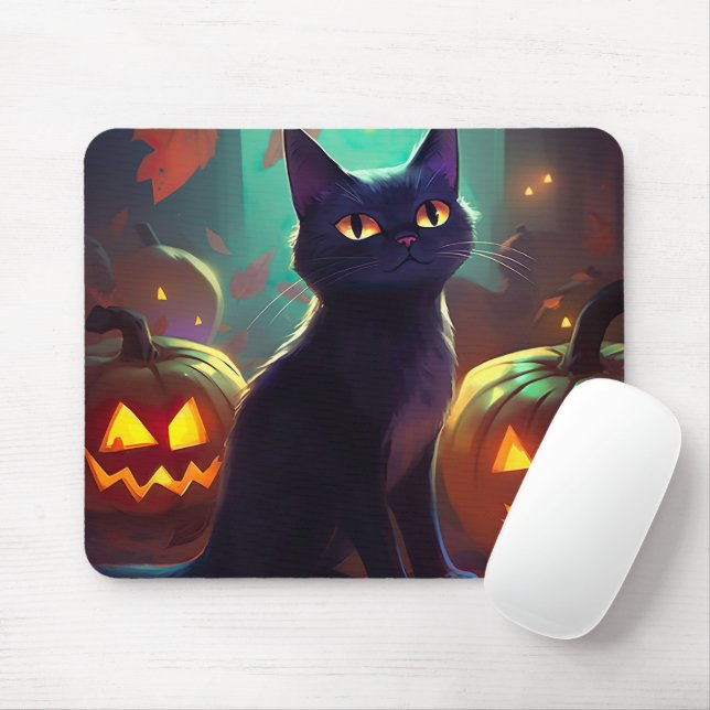 Halloween Tuxedo Cat With Pumpkins Scary Mouse Pad (With Mouse)