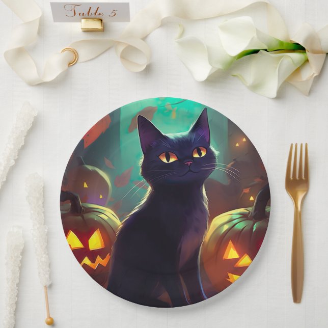Halloween Tuxedo Cat With Pumpkins Scary Paper Plates (Wedding)