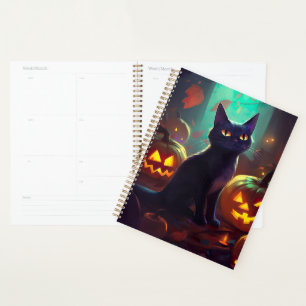 Halloween Tuxedo Cat With Pumpkins Scary Planner