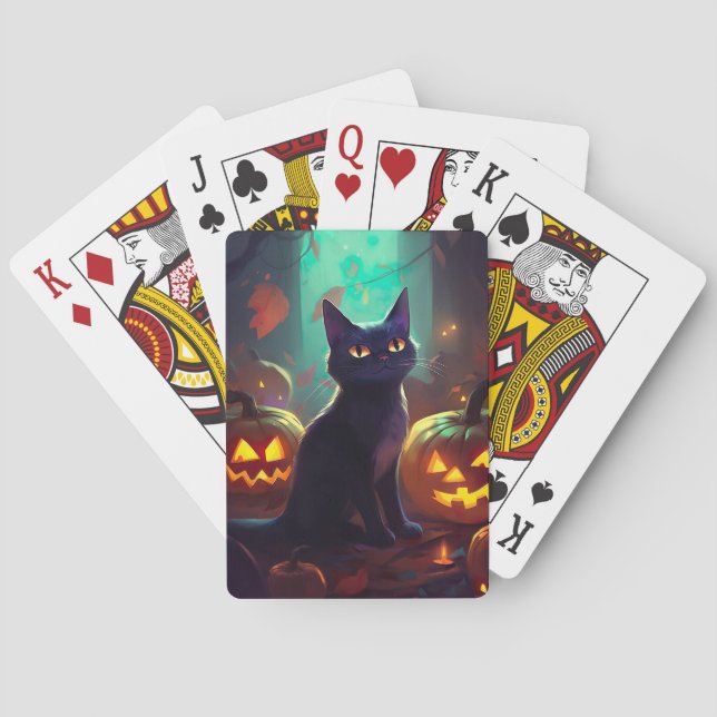 Halloween Tuxedo Cat With Pumpkins Scary Poker Cards (Back)