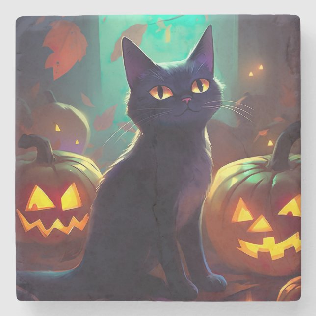 Halloween Tuxedo Cat With Pumpkins Scary Stone Coaster (Front)