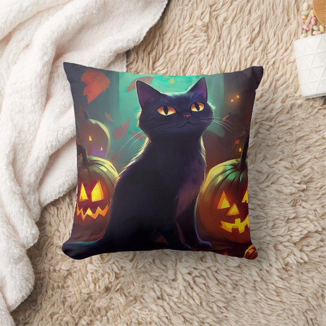 Halloween Tuxedo Cat With Pumpkins Scary Throw Pillow (Blanket)
