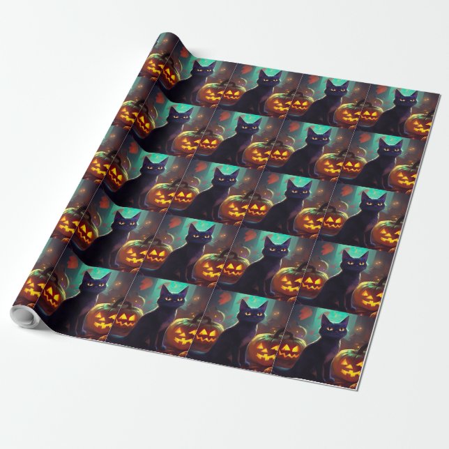 Halloween Tuxedo Cat With Pumpkins Scary Wrapping Paper (Unrolled)