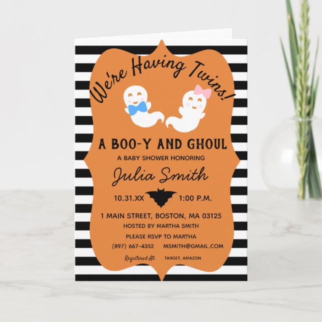 Halloween Twin Gender Reveal Invite Boo-y or Ghoul (Front)