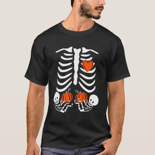 Halloween Twin Pregnant Skeleton Baby Xray Rib Cag T_Shirt
