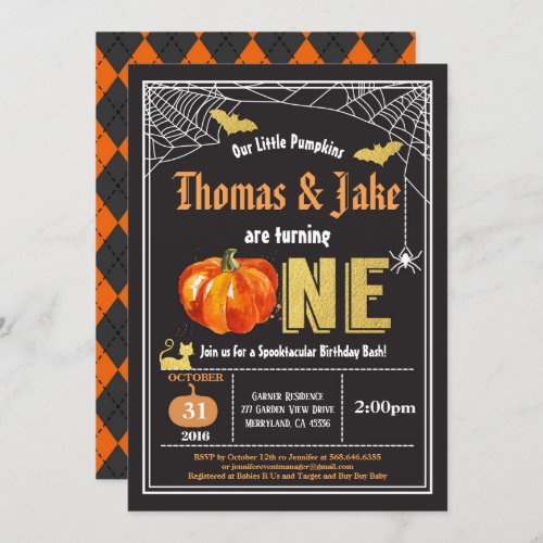 Halloween twins baby 1st first birthday party invitation
