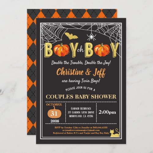 Halloween twins baby boy couples shower pumpkin invitation