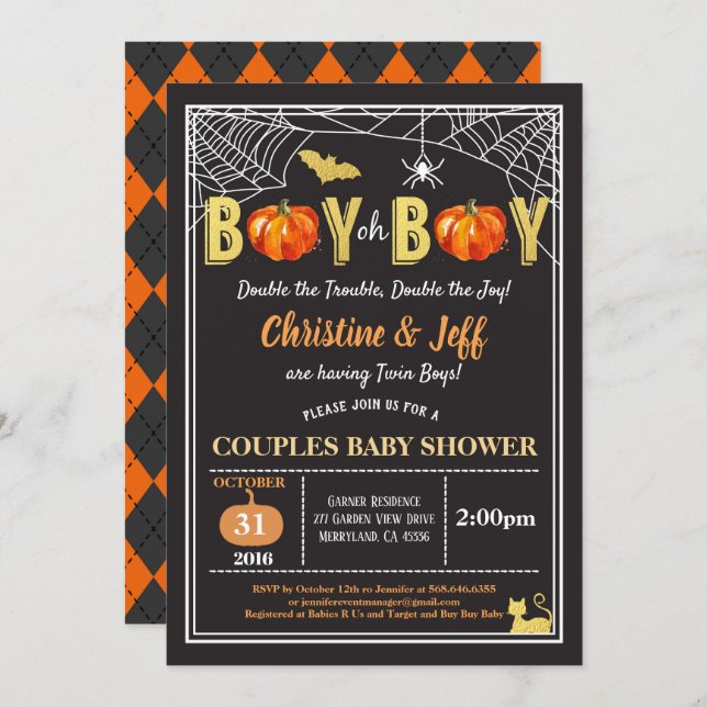 Halloween twins baby boy couples shower pumpkin invitation (Front/Back)